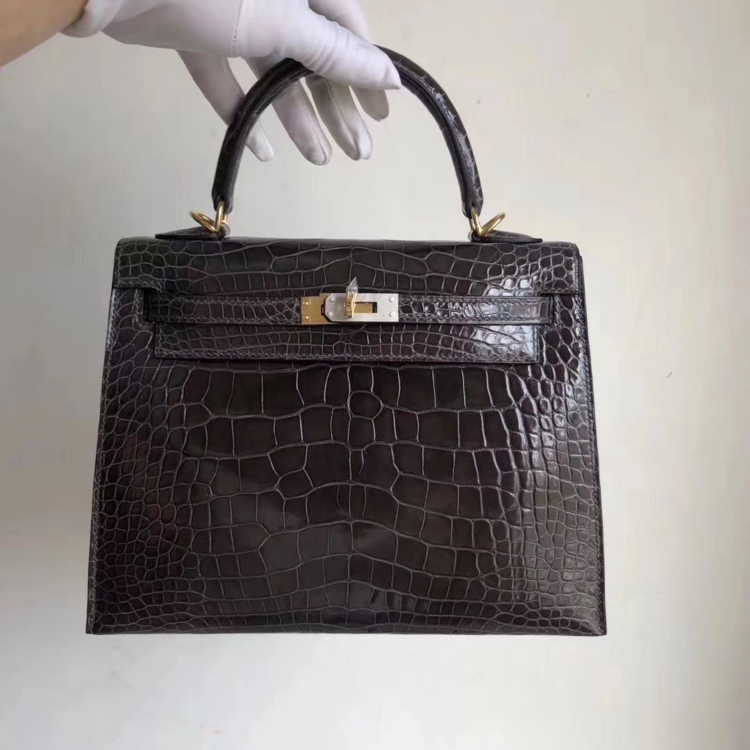 Hermès（爱马仕）Kelly 凯莉包 Alligator shiny 亮面鳄鱼 ck88 石墨灰 金扣 顶级手缝 25cm 现货