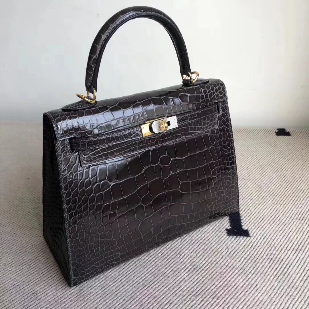 Hermès（爱马仕）Kelly 凯莉包 Alligator shiny 亮面鳄鱼 ck88 石墨灰 金扣 顶级手缝 25cm 现货
