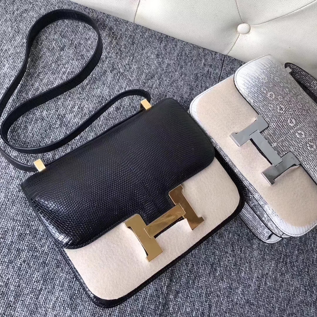 Hermès（爱马仕）Constance 空姐包 lizard 进口亮面蜥蜴 ck89 黑色 noir 金扣 24cm