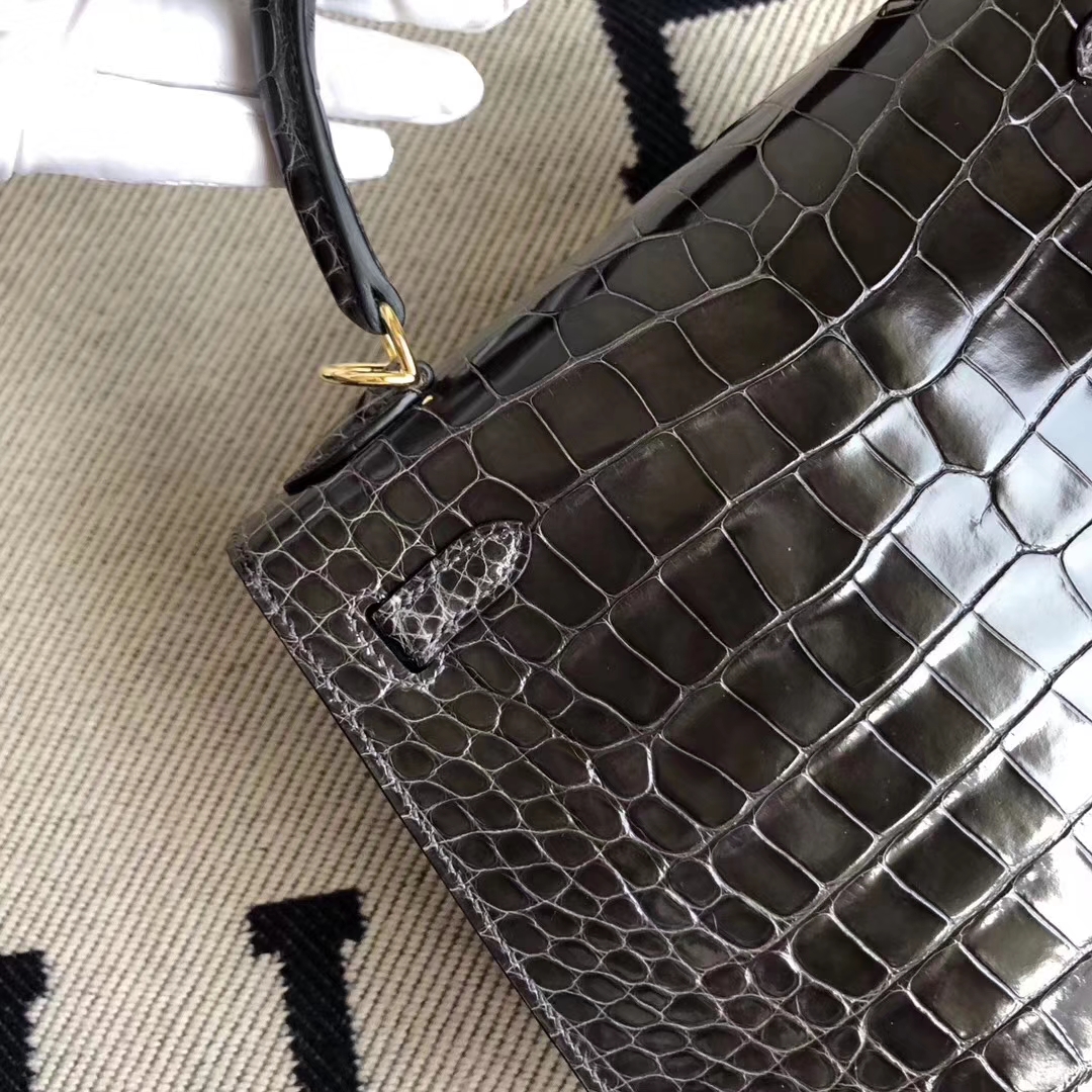 Hermès（爱马仕）Kelly 凯莉包 Alligator shiny 亮面鳄鱼 ck88 石墨灰 金扣 顶级手缝 25cm 现货