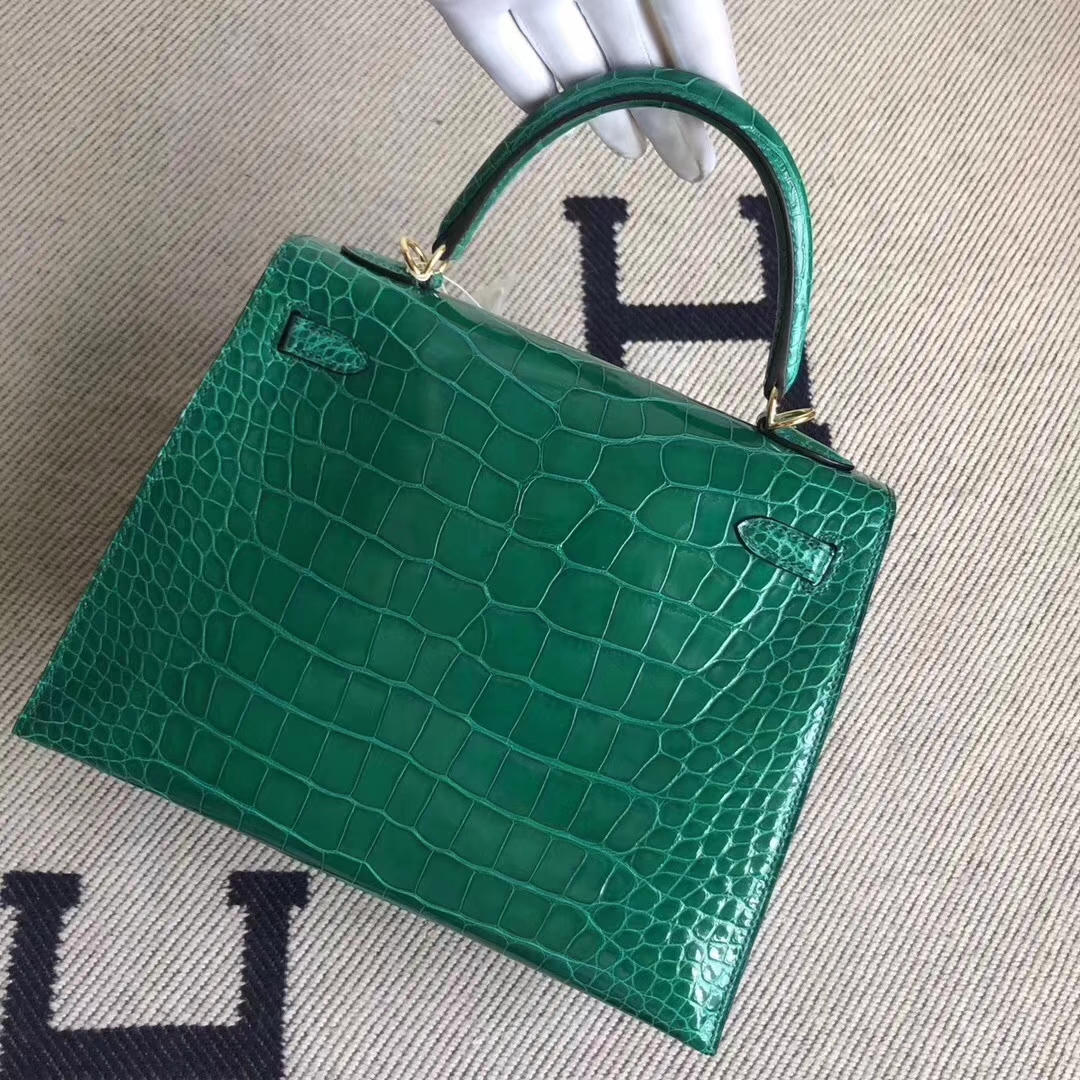 Hermès（爱马仕）Kelly 凯莉包 Alligator shiny 亮面鳄鱼 6Ｑ翡翠绿 金扣 顶级手缝 25cm 现货