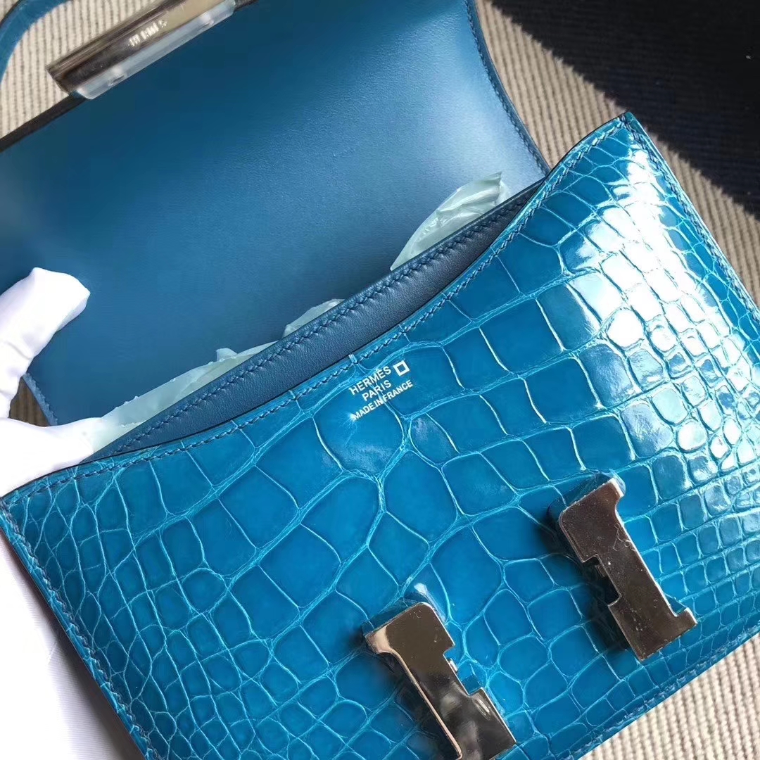 Hermès（爱马仕）Constance 空姐包 亮面方块 美洲鳄鱼 7W伊兹密尔蓝 Blue izmir 完美品相 银扣 19cm