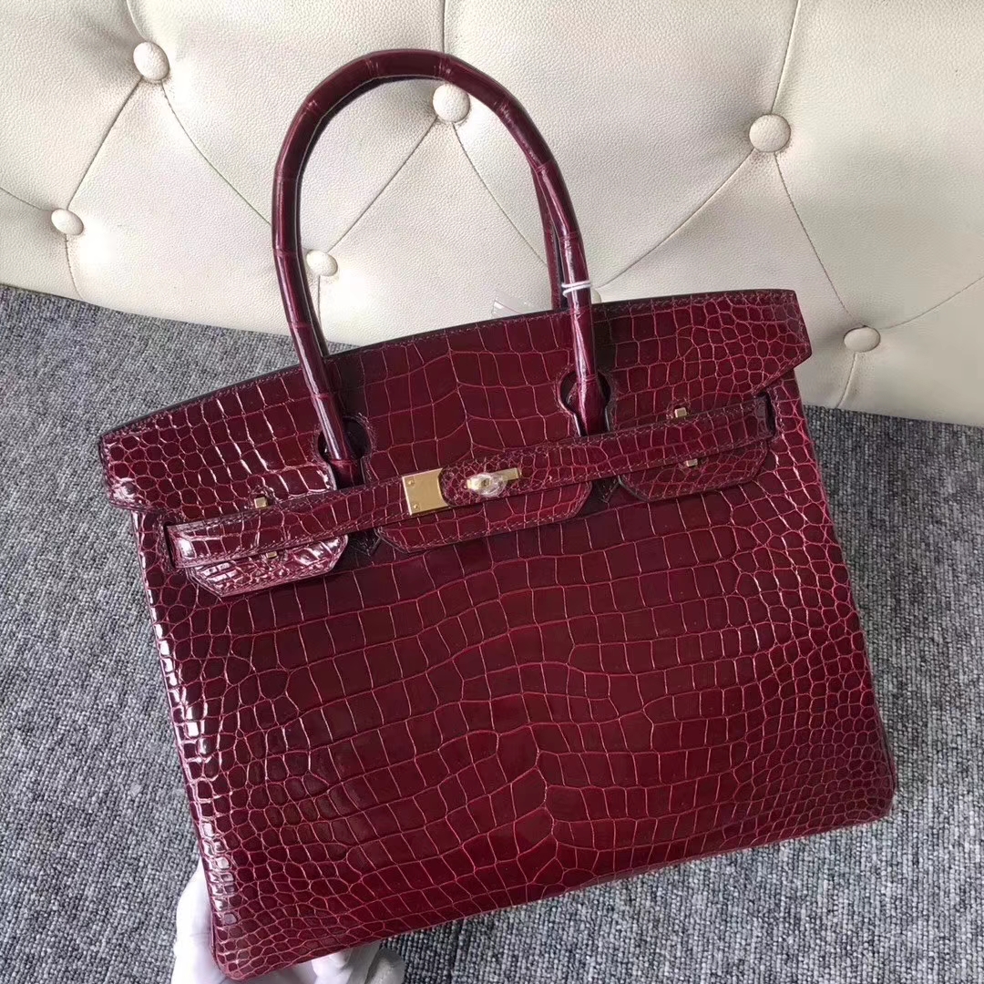 Hermès（爱马仕）Birkin 铂金包 Porosus shiny 亮面澳洲湾鳄 F5 勃艮第酒红 金扣 30cm