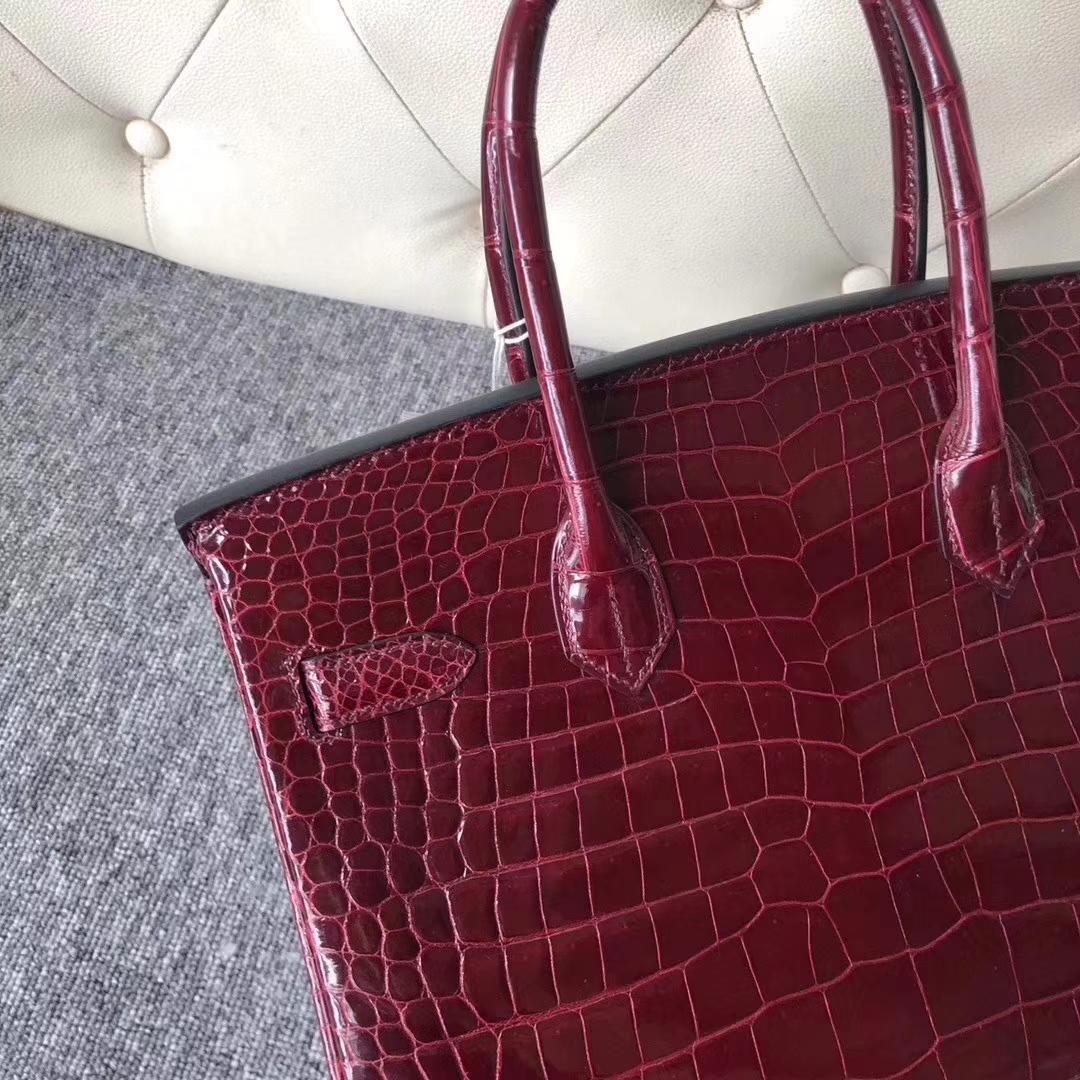Hermès（爱马仕）Birkin 铂金包 Porosus shiny 亮面澳洲湾鳄 F5 勃艮第酒红 金扣 30cm