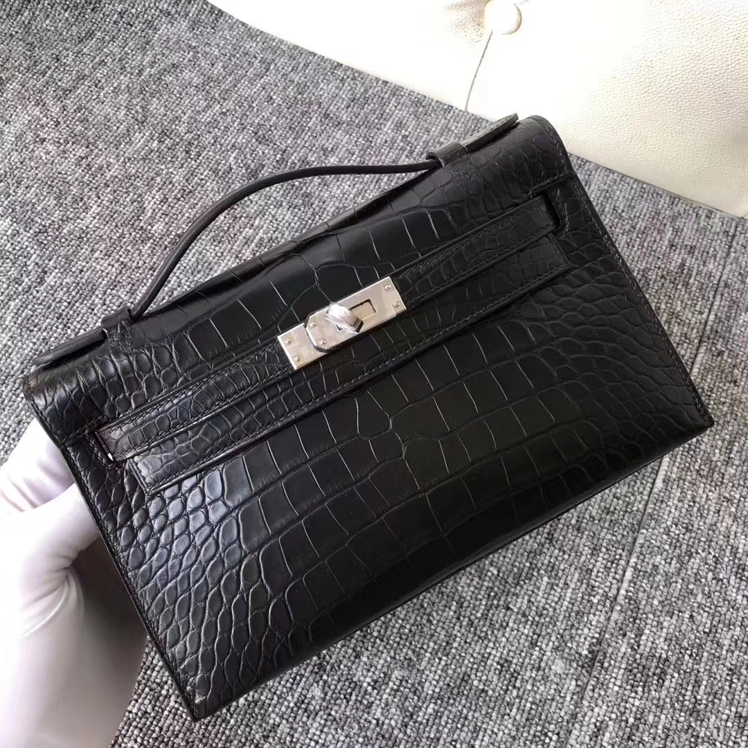 Hermès（爱马仕）Minikelly pochette 雾面鳄鱼 ck89 黑色 noir 银扣 手拿包 晚宴包 22cm