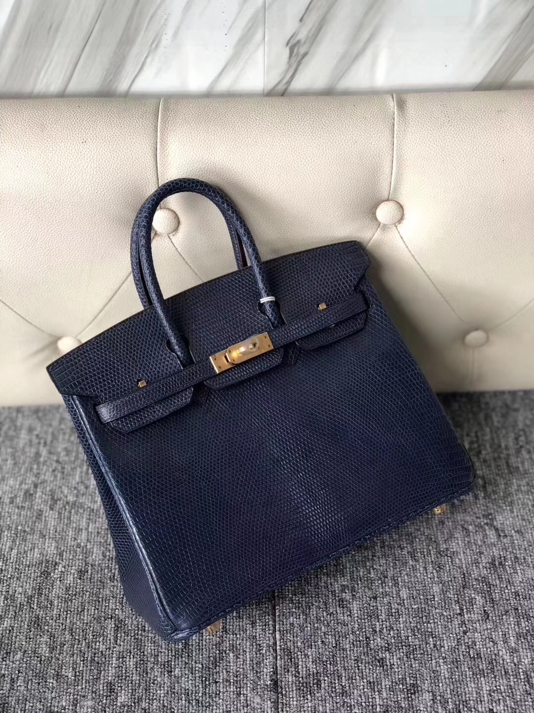 Hermès（爱马仕）Birkin 铂金包 Lizard 进口亮面蜥蜴 7K 宝石蓝 金扣 25cm 现货