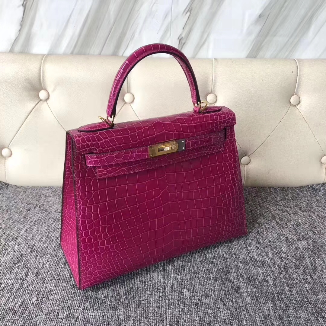 Hermès（爱马仕）Kelly 凯莉包 Porosus shiny 亮面澳洲湾鳄J5 天方夜谭粉紫 金扣 28cm