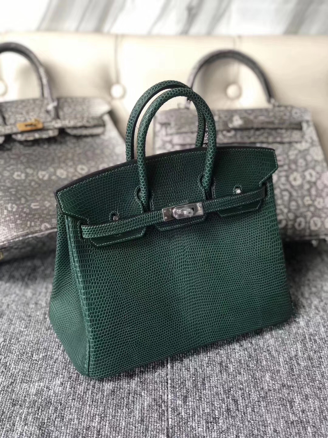 Hermès（爱马仕）Birkin 铂金包 Lizard 进口亮面蜥蜴 ck67 祖母绿 银扣  顶级手缝 25cm 现货