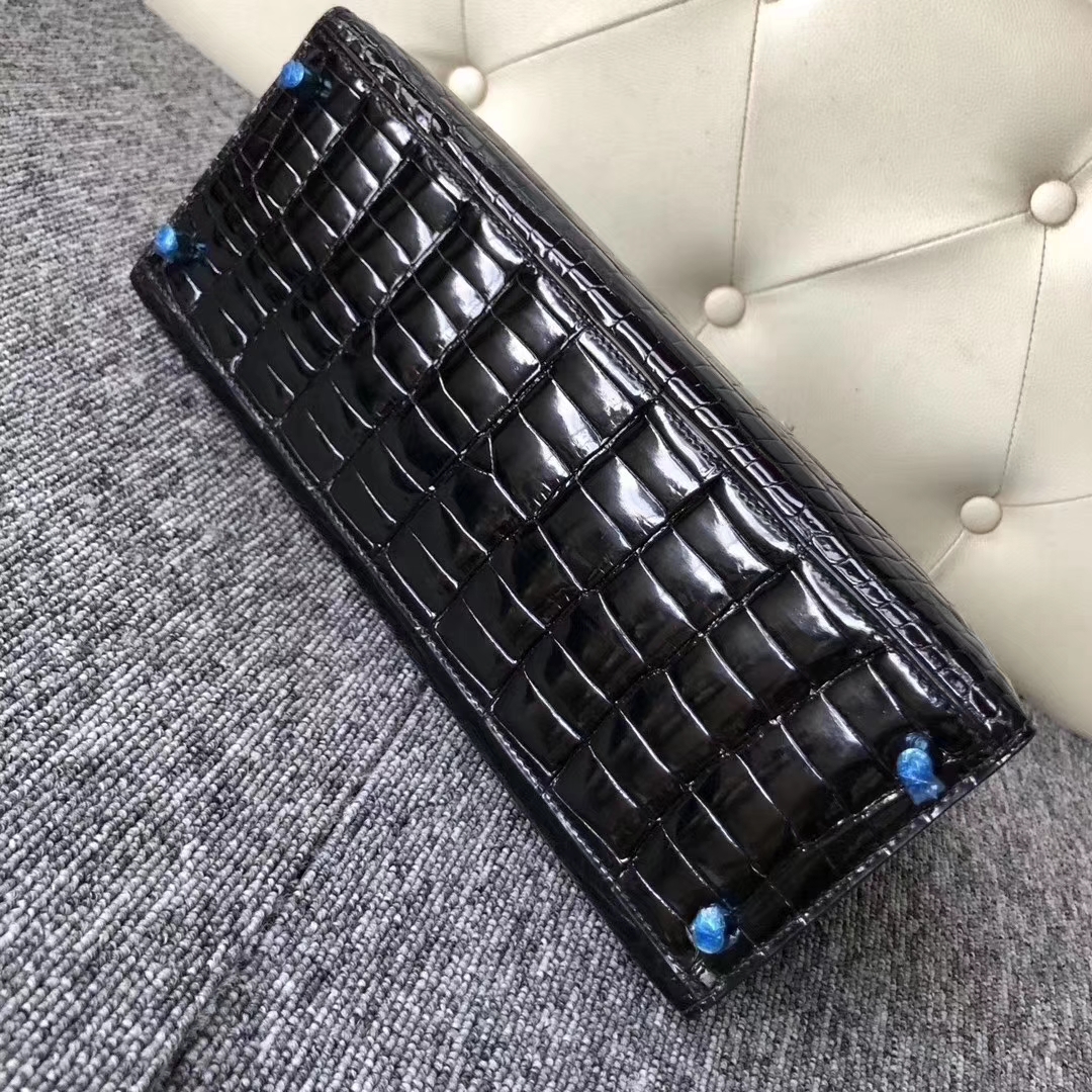 Hermès（爱马仕）Kelly 凯莉包 Porosus shiny 亮面澳洲鳄鱼 ck89 黑色 银扣 拱珠皮 28cm