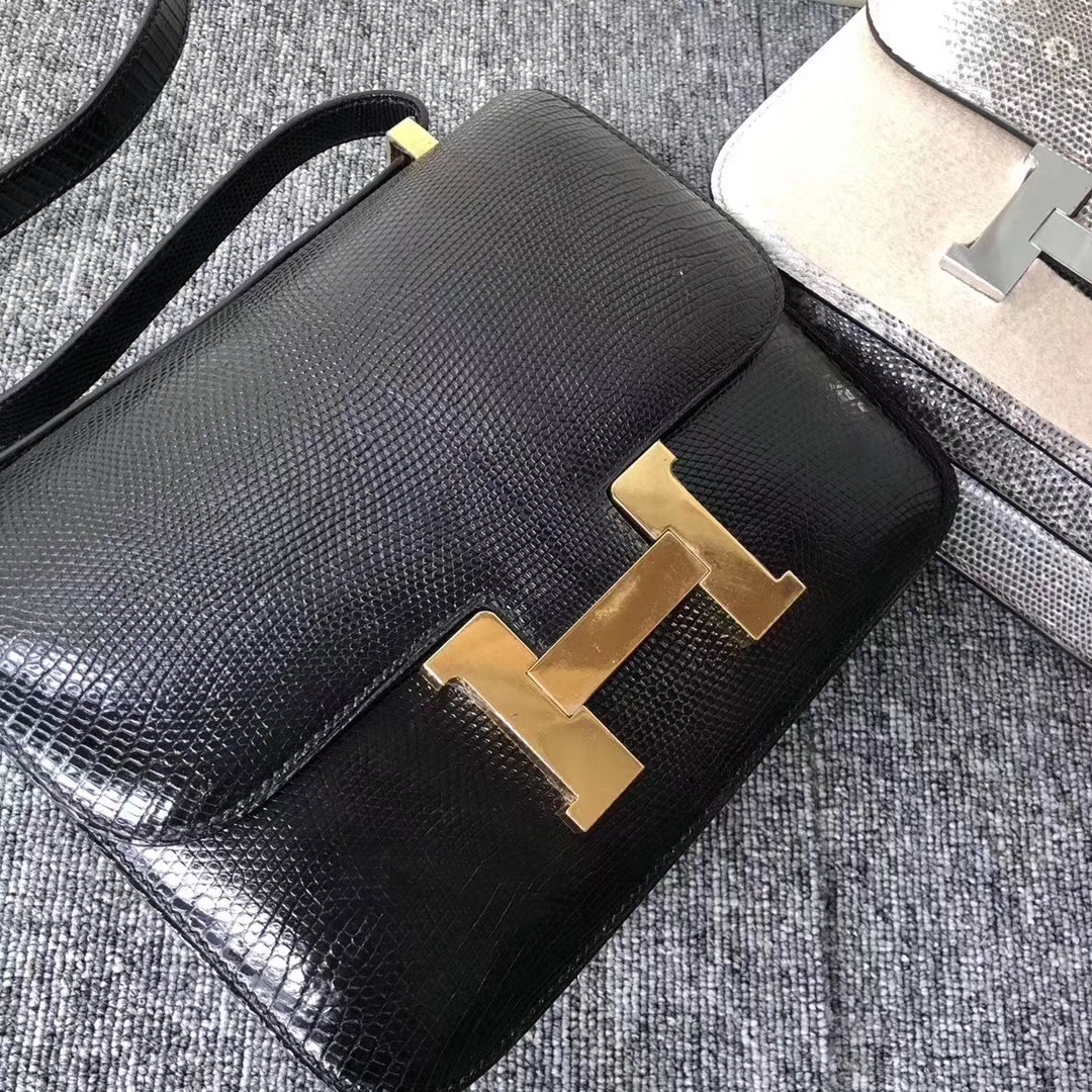 Hermès（爱马仕）Constance 空姐包 lizard 进口亮面蜥蜴 ck89 黑色 noir 金扣 24cm