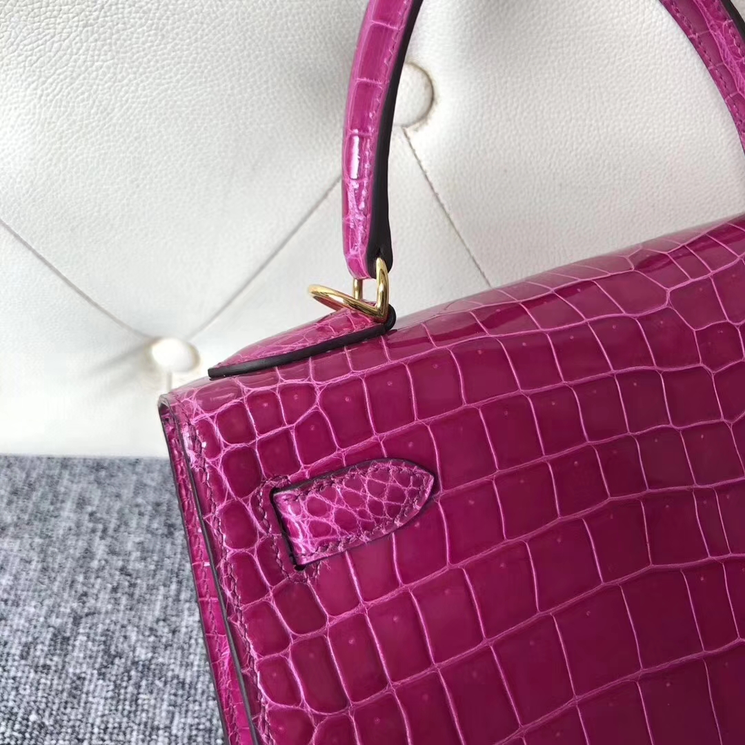 Hermès（爱马仕）Kelly 凯莉包 Porosus shiny 亮面澳洲湾鳄J5 天方夜谭粉紫 金扣 28cm