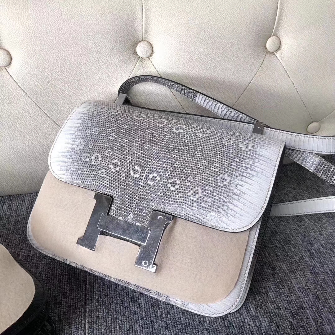 Hermès（爱马仕）Constance 空姐包 izard 进口亮面蜥蜴 01 原色 小喜马拉雅色 银扣 24cm