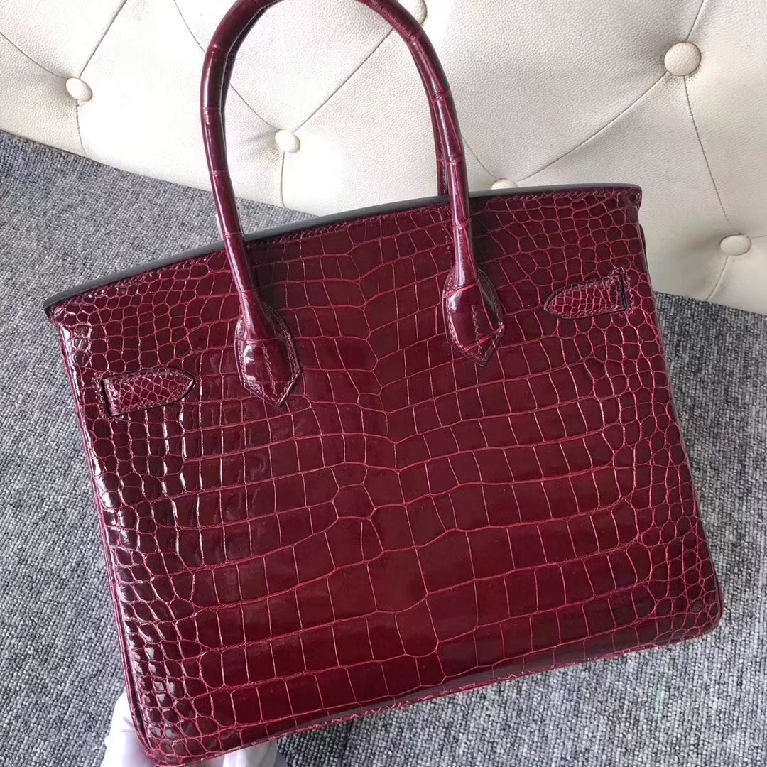 Hermès（爱马仕）Birkin 铂金包 Porosus shiny 亮面澳洲湾鳄 F5 勃艮第酒红 金扣 30cm