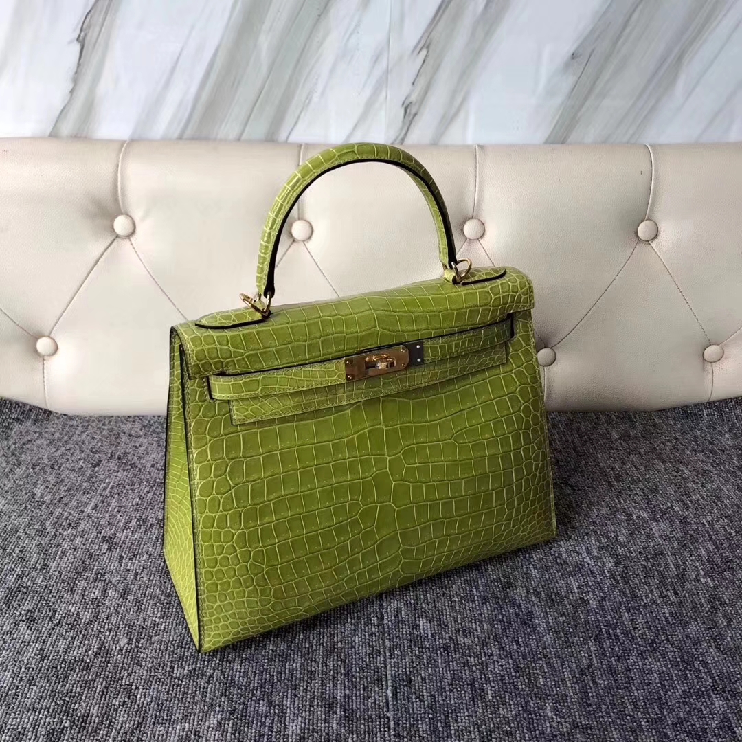 Hermès（爱马仕）Kelly 凯莉包 Porosus shiny 亮面澳洲湾鳄 6R 奇异果绿 金扣 28cm