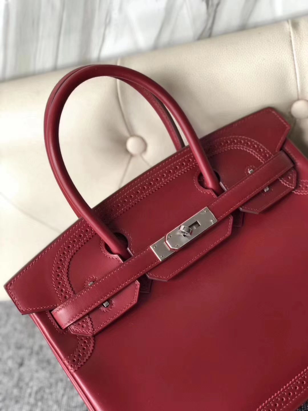 Hermès（爱马仕）Birkin铂金包 蕾丝 Boxcalf  宝石红 银扣 顶级手缝 超美现货 30cm