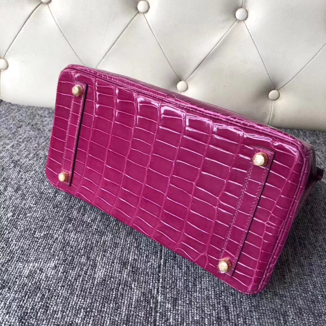 Hermès（爱马仕）Birkin 铂金包 Porosus shiny 亮面澳洲湾鳄 J5 天方夜谭粉紫 金扣 30cm