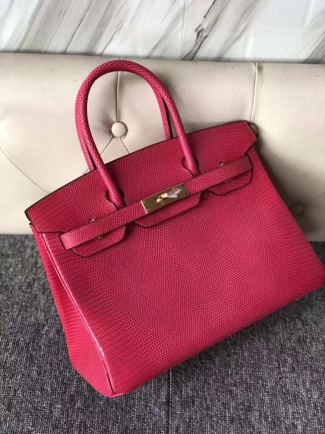 Hermès（爱马仕）Birkin 铂金包 Lizard 进口亮面蜥蜴 E5 桃红 金扣  顶级手缝 30cm 现货