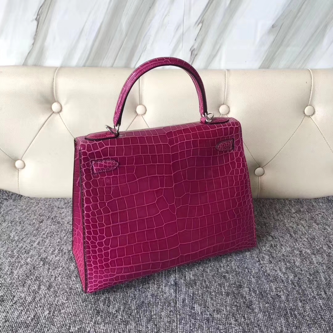 Hermès（爱马仕）Kelly 凯莉包 Porosus shiny 亮面澳洲湾鳄J5 天方夜谭粉紫 银扣 28cm
