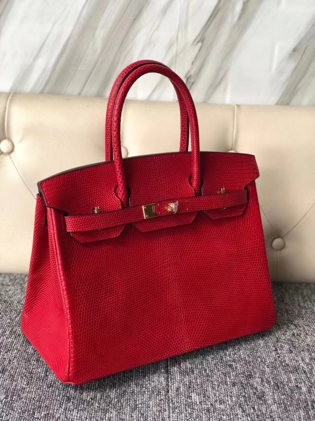 Hermès（爱马仕）Birkin 铂金包 Lizard 进口亮面蜥蜴 Q5 国旗红 金扣  顶级手缝 30cm 现货