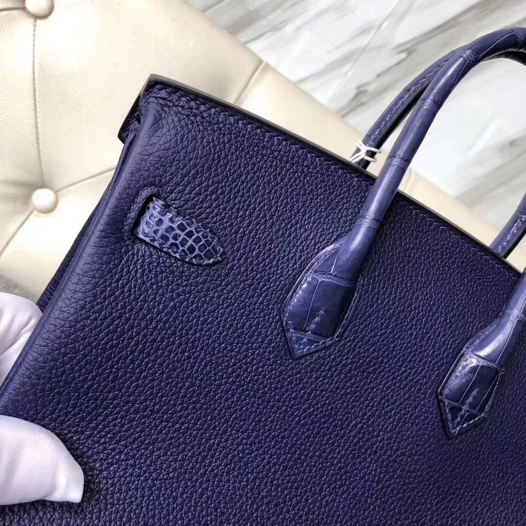 Hermès（爱马仕）Birkin 铂金包 M3 墨水蓝墨水蓝鳄鱼 银扣 定制款 25cm