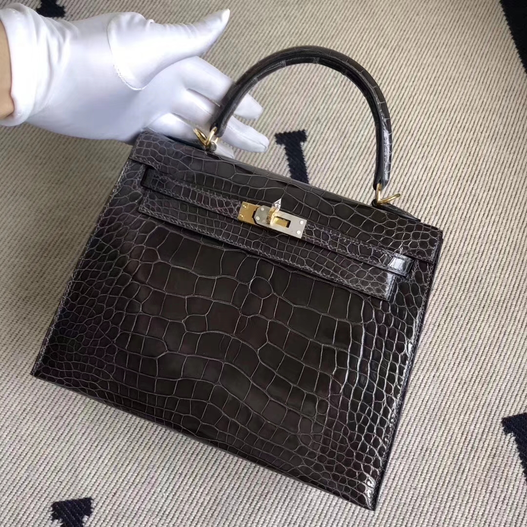 Hermès（爱马仕）Kelly 凯莉包 Alligator shiny 亮面鳄鱼 ck88 石墨灰 金扣 顶级手缝 25cm 现货