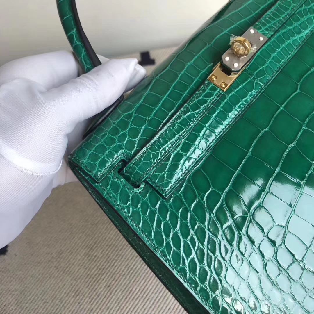 Hermès（爱马仕）Kelly 凯莉包 Alligator shiny 亮面鳄鱼 6Ｑ翡翠绿 金扣 顶级手缝 25cm 现货