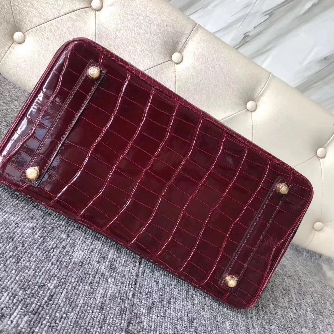 Hermès（爱马仕）Birkin 铂金包 Porosus shiny 亮面澳洲湾鳄 F5 勃艮第酒红 金扣 30cm