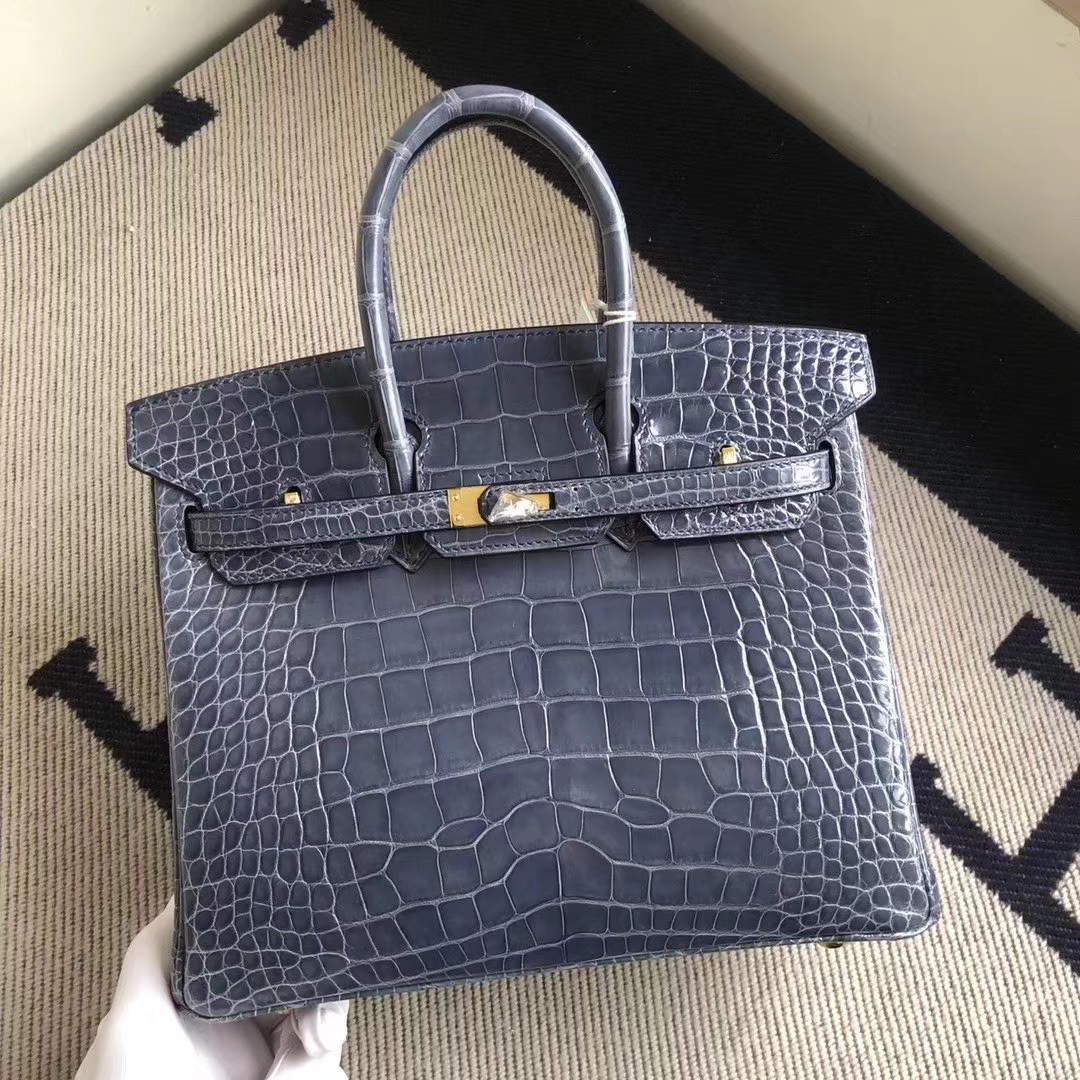 Hermès（爱马仕）Birkin 铂金包 亮面框框美洲鳄 N7风暴蓝 蜡线全手工 金扣 25cm
