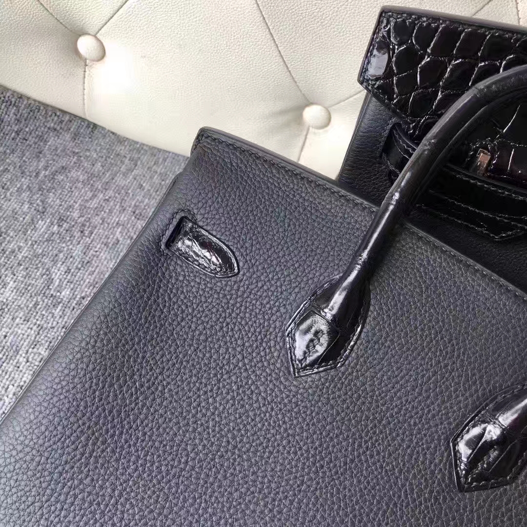 Hermès（爱马仕）Birkin 铂金包 原厂小牛皮 togo 鳄鱼 黑色 Noir 玫瑰金 Rose gold 25cm