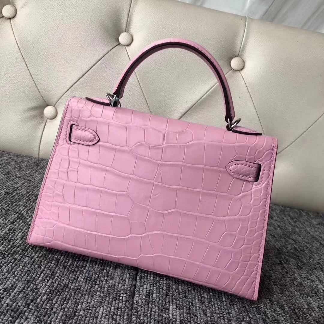 Hermès（爱马仕）Kelly 凯莉包 雾面框框美洲鳄 5P樱花粉 蜡线全手工 银扣 2代 19cm