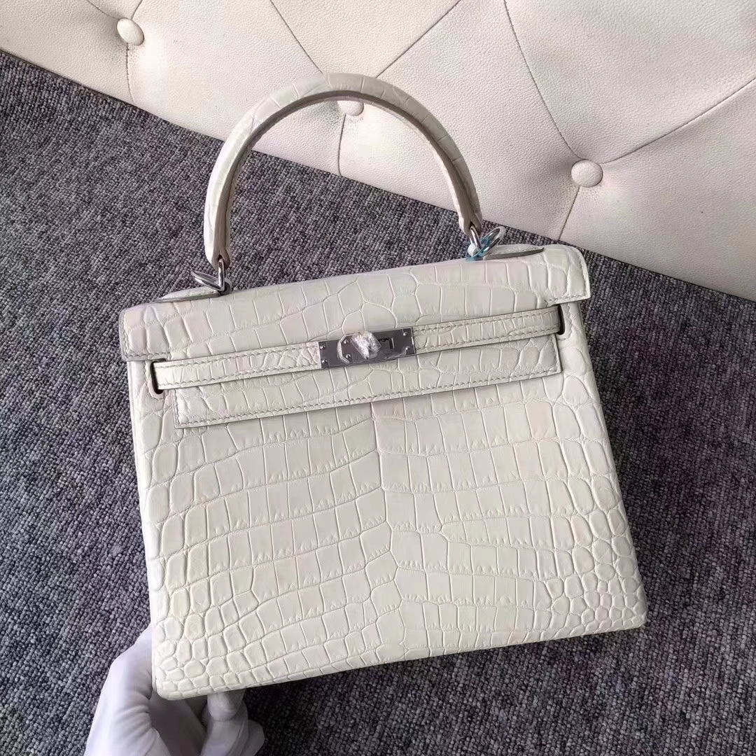 Hermès（爱马仕）Kelly 25cm crocodile 雾面两点汨罗鳄 8L奶油白 顶级工艺 蜡线全手工 银扣