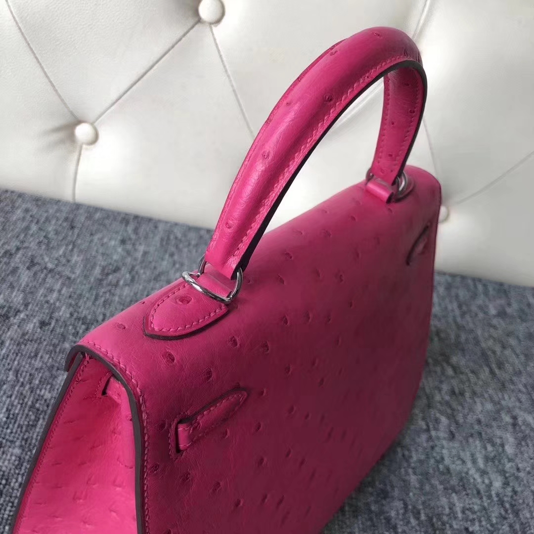 Hermès（爱马仕）Kelly 凯莉包 ostrich kk鸵鸟 顶级鸵鸟皮 桃红 蜡线全手工 银扣 25cm