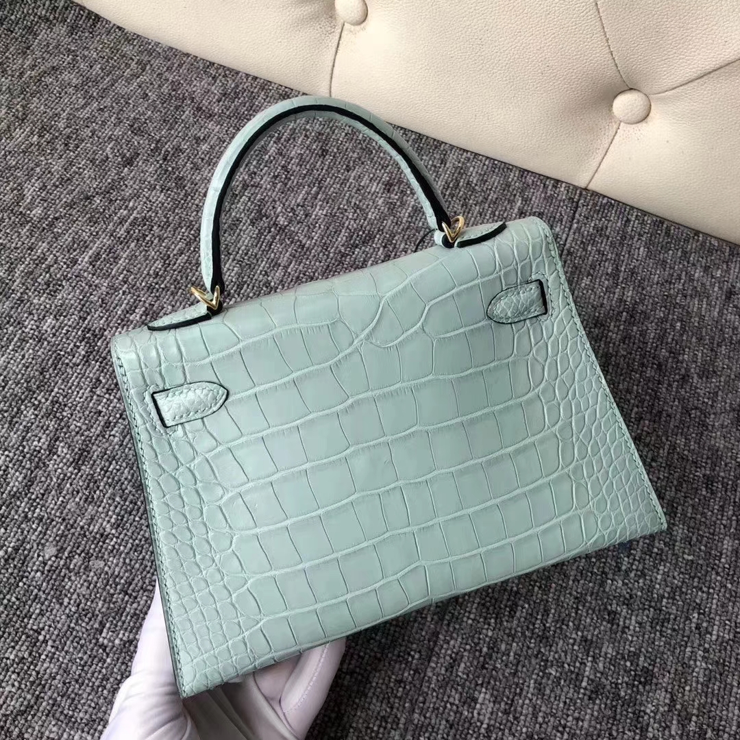 Hermès（爱马仕）Mini Kelly 迷你凯莉 雾面框框美洲鳄 6U薄荷绿 蜡线全手工 19cm 接受预定