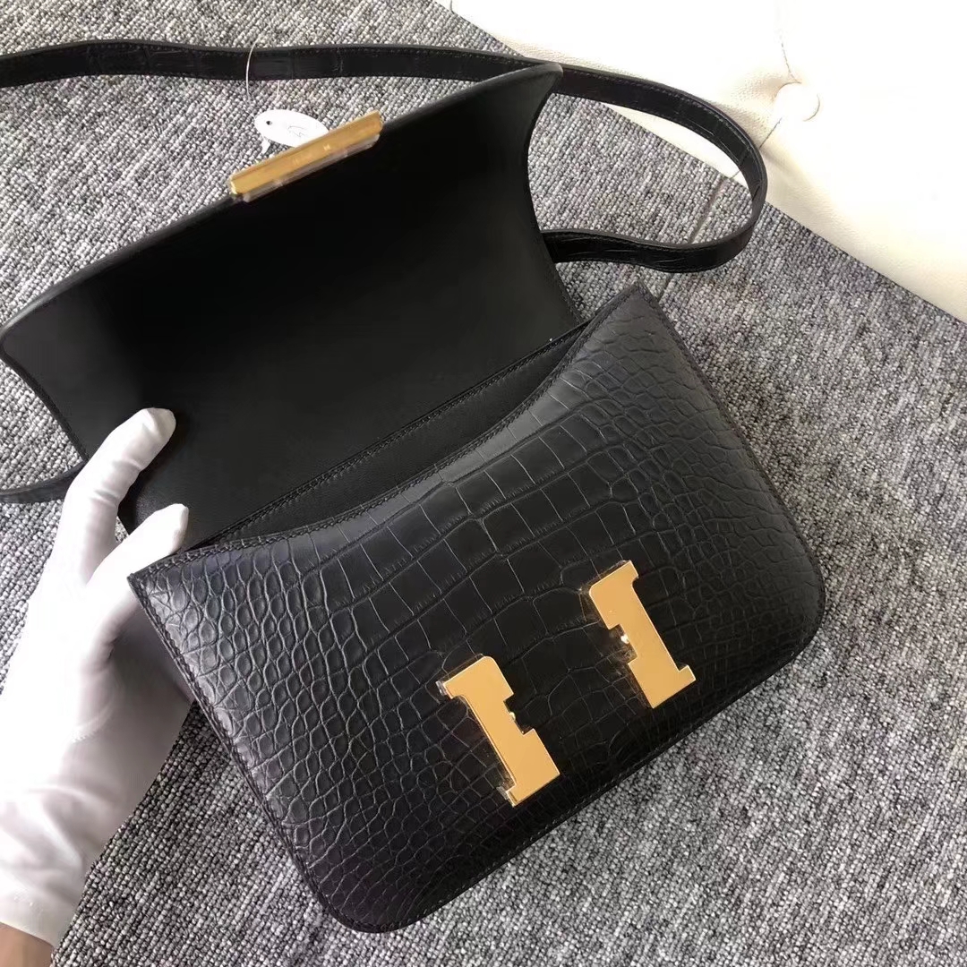 Hermès（爱马仕）Constance 空姐包 雾面框框美洲鳄 ck89黑色 23cm 顶级工艺 接受预定