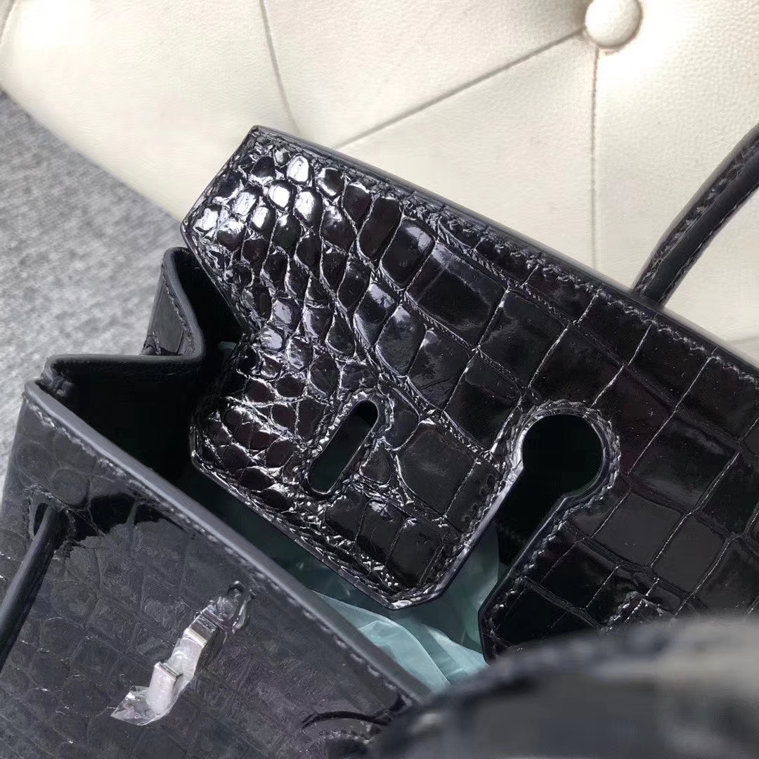 Hermès（爱马仕）Birkin 铂金包 25cm crocodile 亮面澳洲湾鳄 ck89黑色 蜡线全手工 钻扣