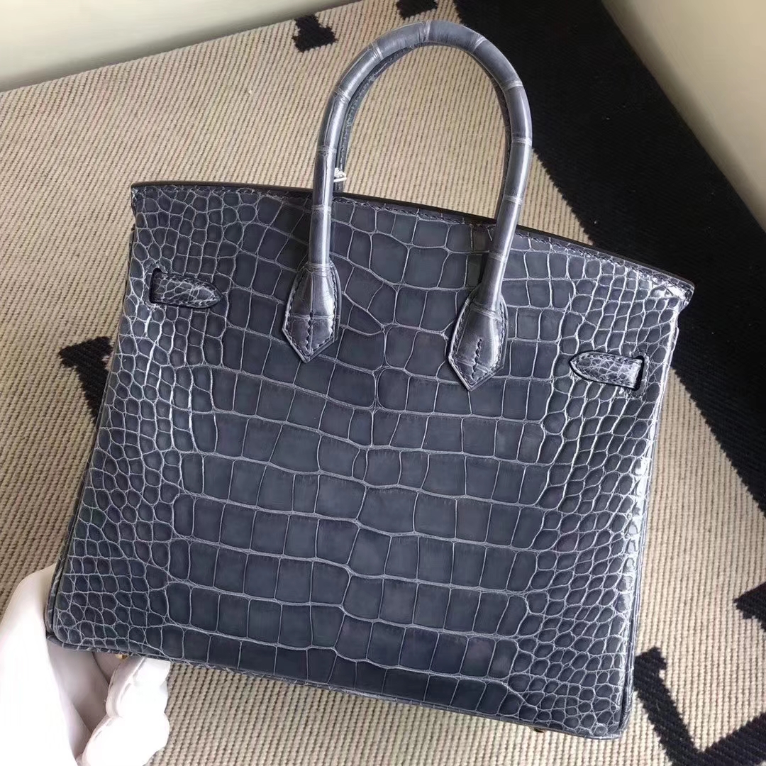 Hermès（爱马仕）Birkin 铂金包 亮面框框美洲鳄 N7风暴蓝 蜡线全手工 金扣 25cm