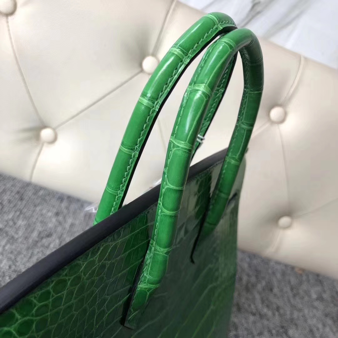 Hermès（爱马仕）Birkin 铂金包 亮面框框美洲鳄 1L仙人掌绿 顶级工艺 蜡线全手工 银扣 25cm