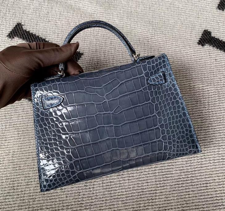 Hermès（爱马仕）Mini Kelly迷你凯莉包 亮面方块 美洲鳄鱼 风暴蓝 银扣 2代 现货