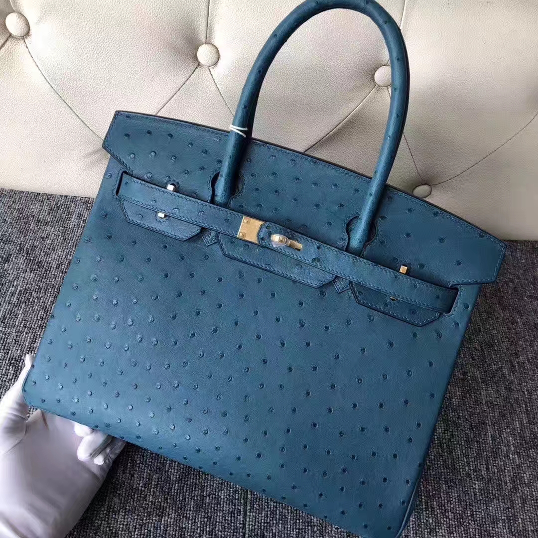 Hermès（爱马仕）Birkin 铂金包 Ostrich kk 鸵鸟 7C 珊瑚蓝 金扣 顶级手缝 30cm 现货