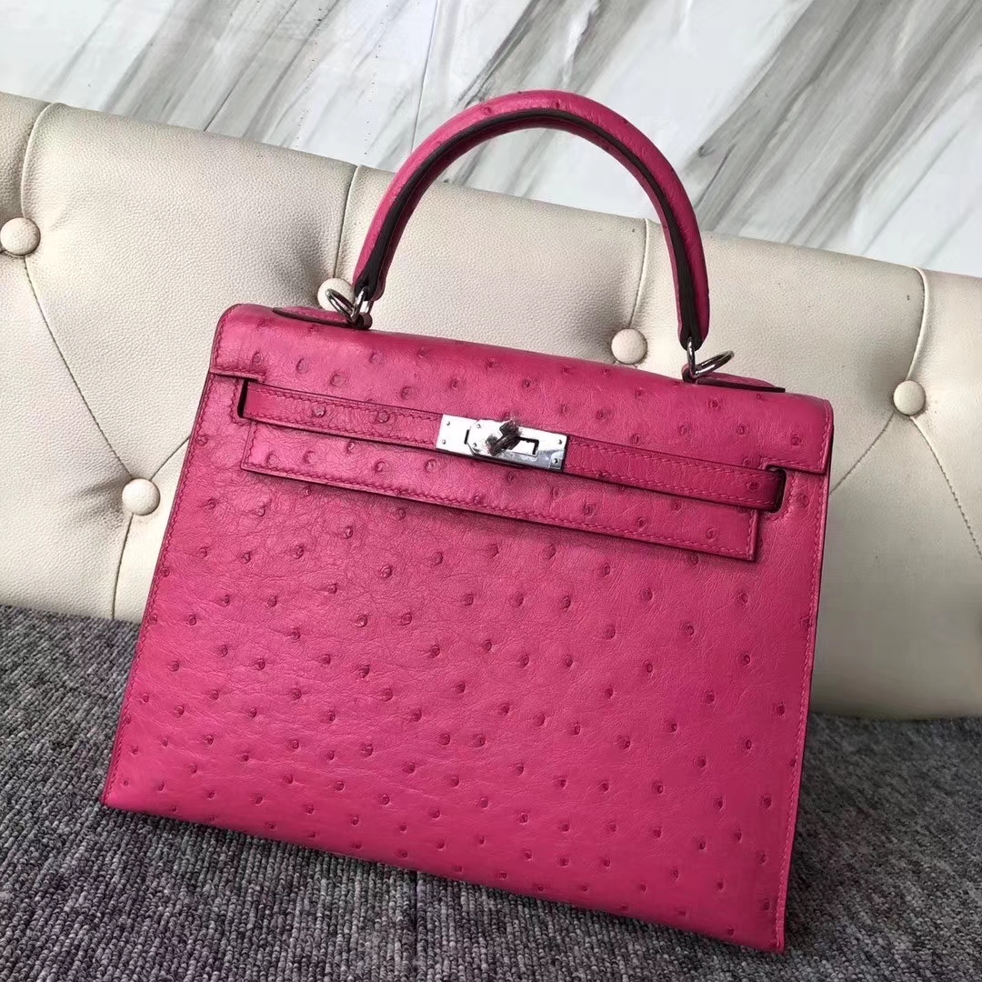 Hermès（爱马仕）Kelly 凯莉包 ostrich kk鸵鸟 顶级鸵鸟皮 桃红 蜡线全手工 银扣 25cm