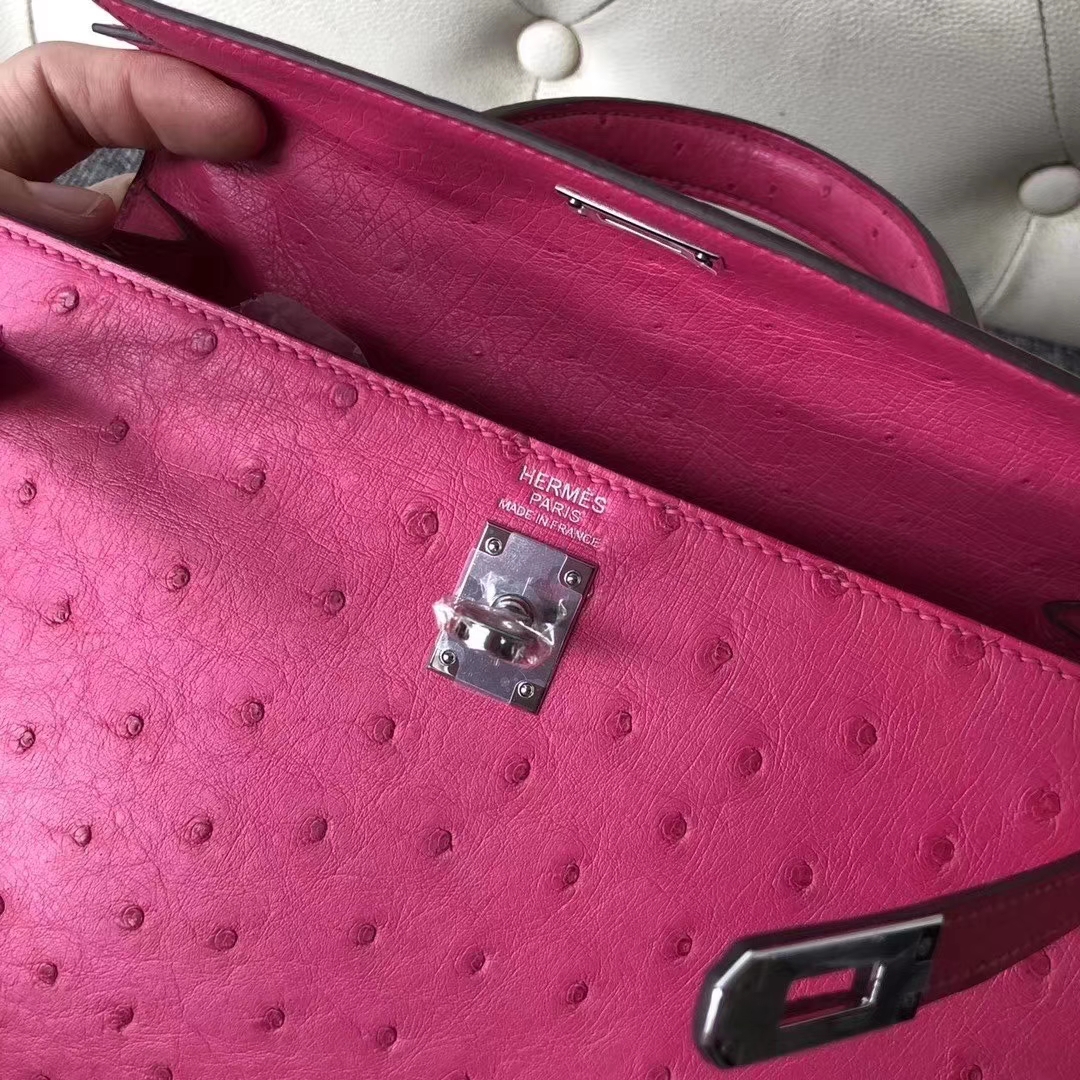 Hermès（爱马仕）Kelly 凯莉包 ostrich kk鸵鸟 顶级鸵鸟皮 桃红 蜡线全手工 银扣 25cm