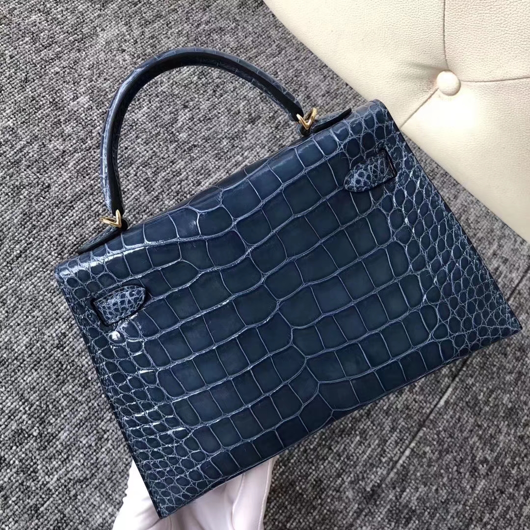 Hermès（爱马仕）Kelly2代 19cm crocodile 亮面框框美洲鳄 1P鸭子蓝 蜡线全手工 金扣