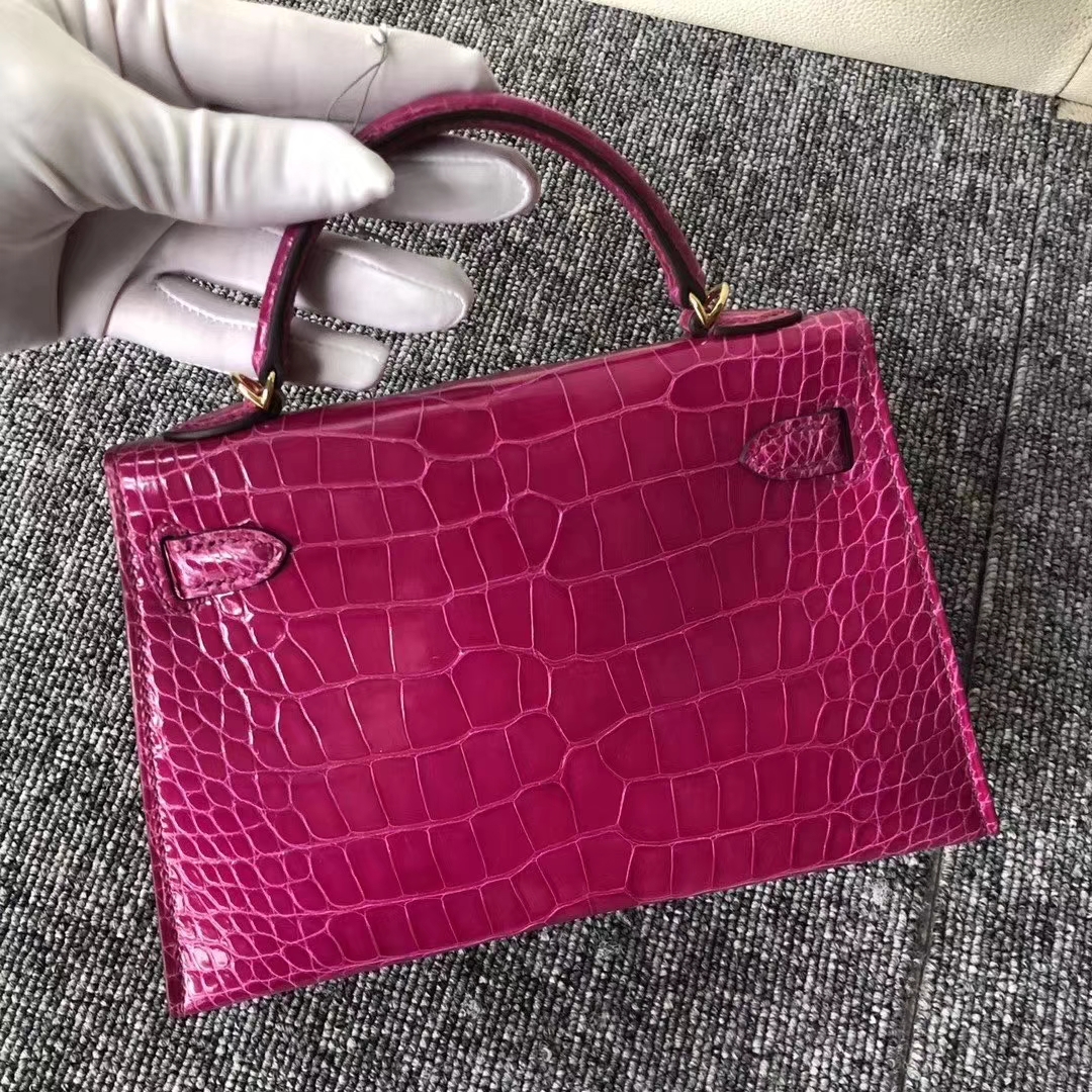 Hermès（爱马仕）Kelly2代 19cm crocodile 亮面框框美洲鳄 J5天方夜谭粉紫 蜡线全手工 金扣