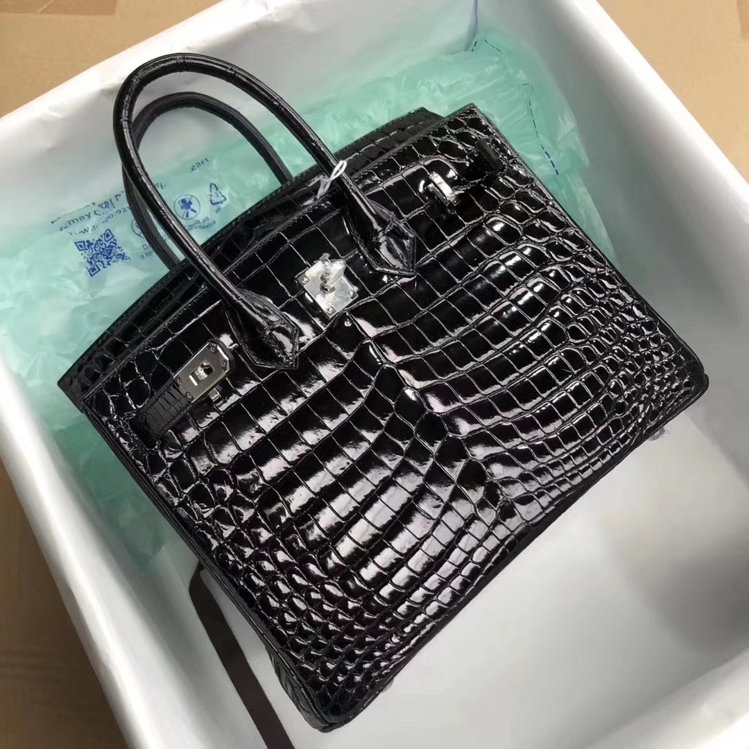 Hermès（爱马仕）Birkin25cm Crocodile shiny 亮面鳄鱼 ck89 黑色 Noir 银扣 拱珠皮 顶级手缝 现货