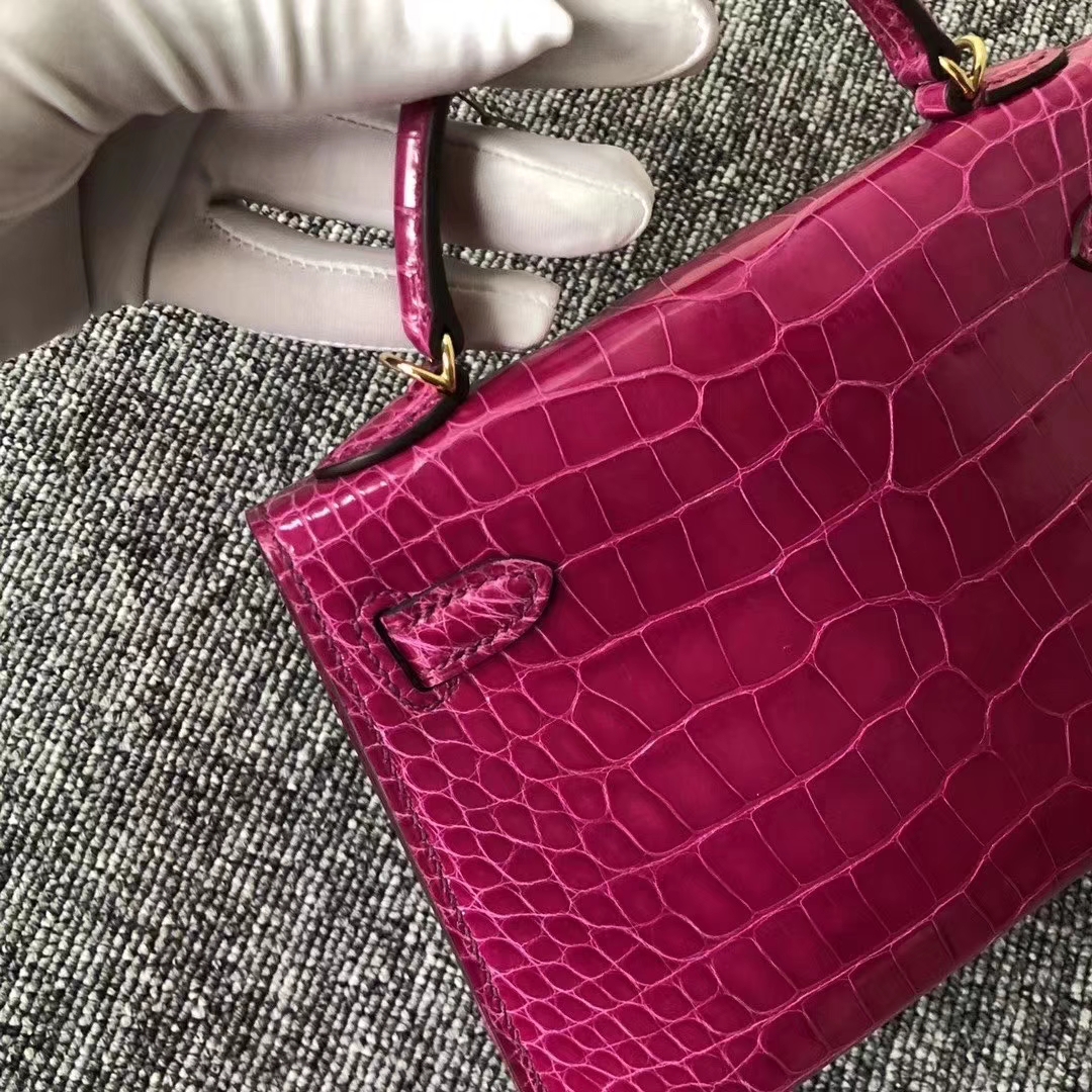 Hermès（爱马仕）Kelly2代 19cm crocodile 亮面框框美洲鳄 J5天方夜谭粉紫 蜡线全手工 金扣