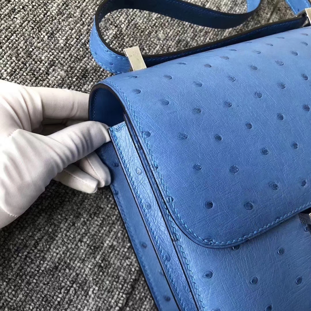 Hermès（爱马仕）Constance 空姐包 ostrich kk鸵鸟 7Q希腊蓝 蜡线全手工 23cm 接受预定