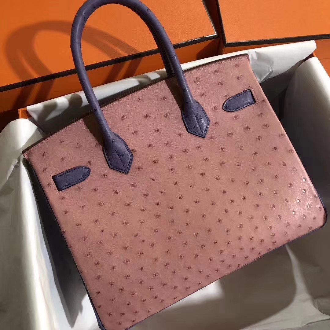 Hermès（爱马仕）Birkin 铂金包 30cm Ostrich kk 鸵鸟 cc94陶瓷粉明+蓝色 金扣 马蹄印