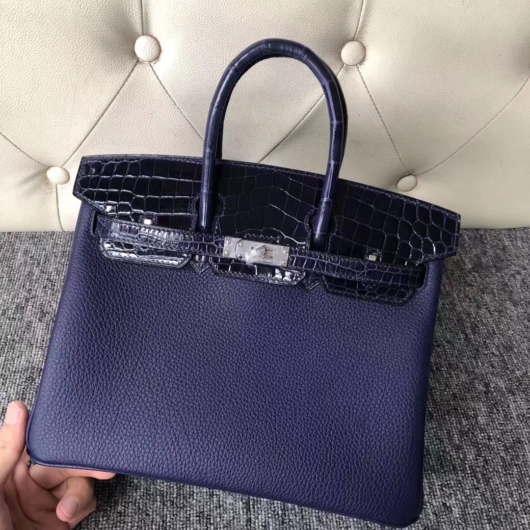 Hermès（爱马仕）Birkin 铂金包 黑色 拼 深蓝色 touch 系列 25cm