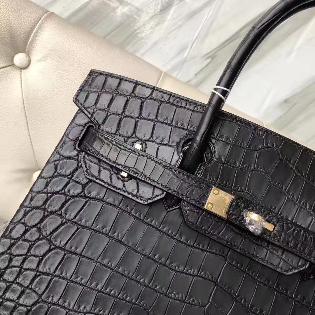 Hermès（爱马仕）Birkin 铂金包 雾面两点汨罗鳄 ck89黑色  顶级工艺 蜡线全手工 金扣 30cm