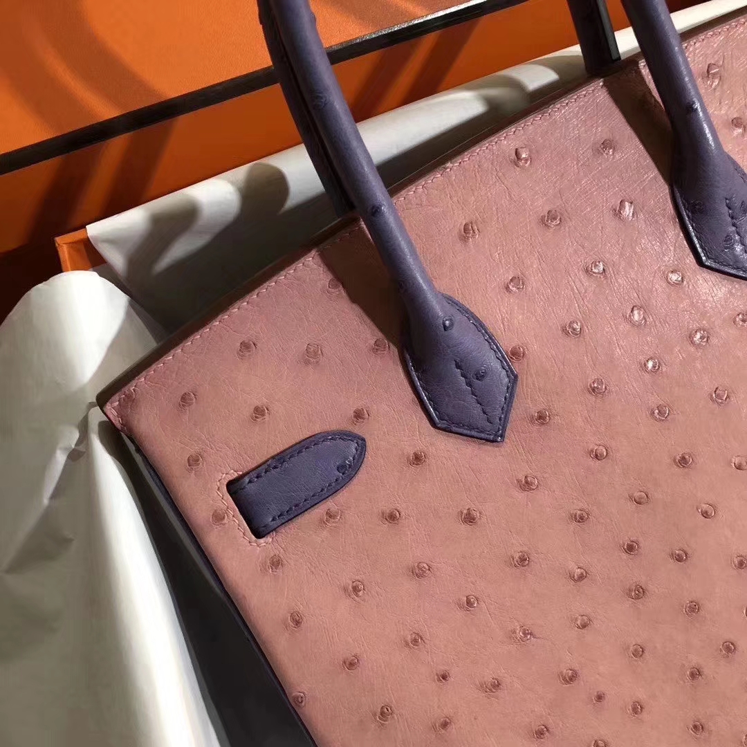 Hermès（爱马仕）Birkin 铂金包 30cm Ostrich kk 鸵鸟 cc94陶瓷粉明+蓝色 金扣 马蹄印